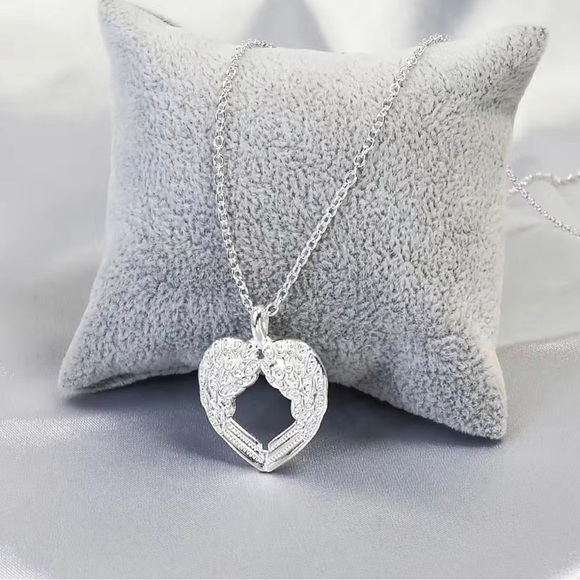 Silver Angel Wings Open Heart Necklace - Picture 3 of 13
